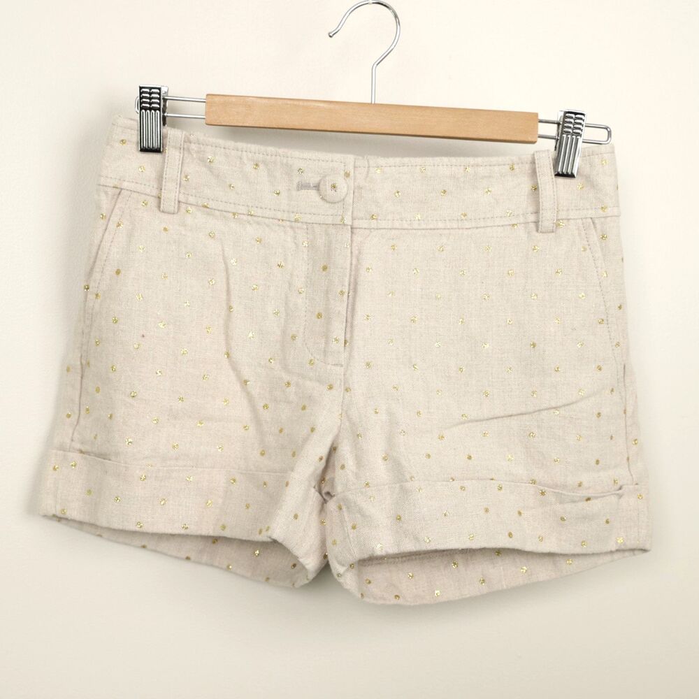 J Crew Linen Beige Gold Polka Dot Chino City Shorts Size 2